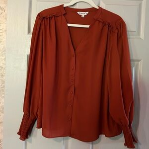 Nanette Lepore, Rust Colored, long gathered sleeve, button from b-neck Blouse